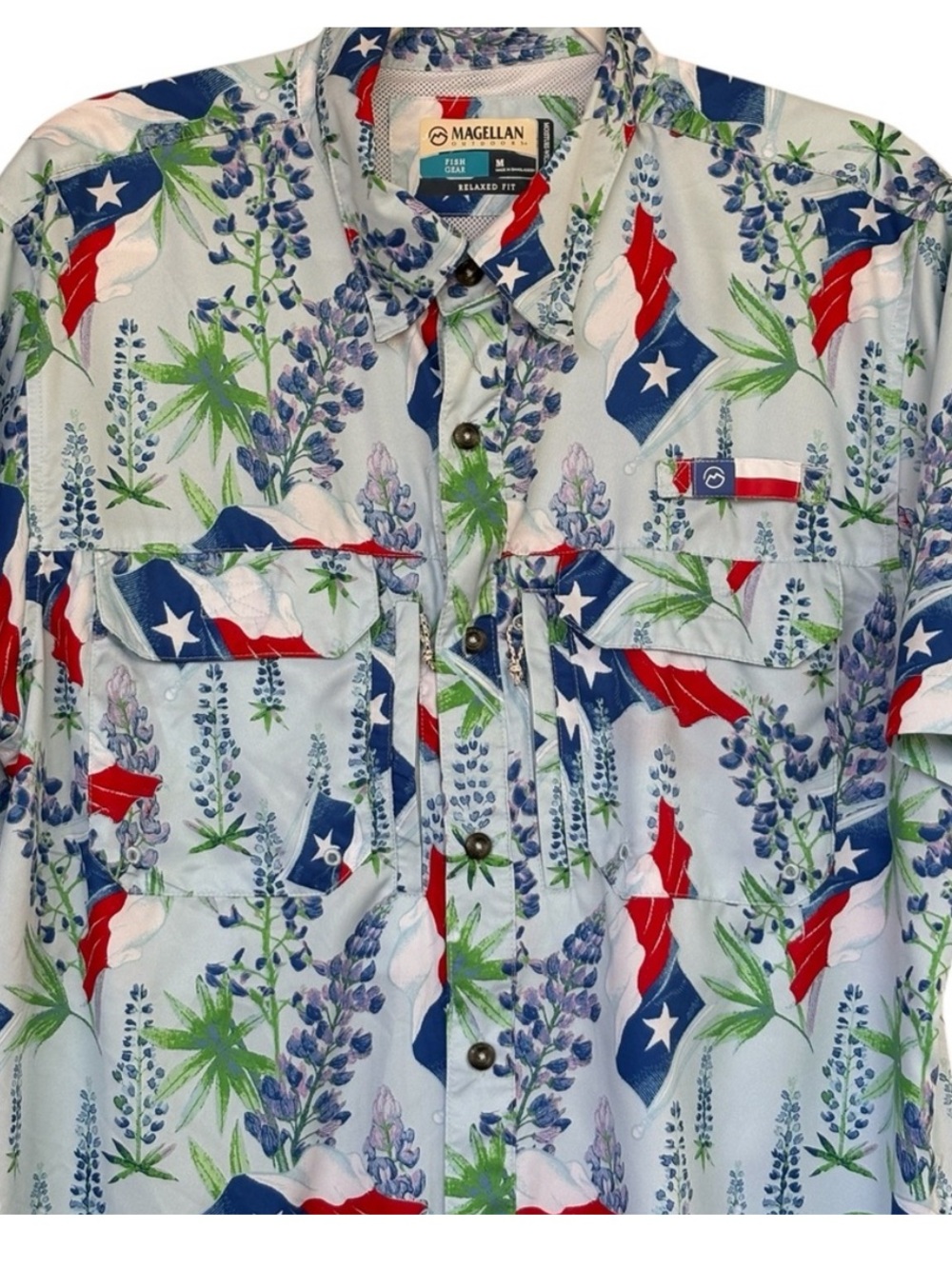 Magellan Outdoors Texas Flags & Bluebonnets Flowers Print Fishing Shirt Size M